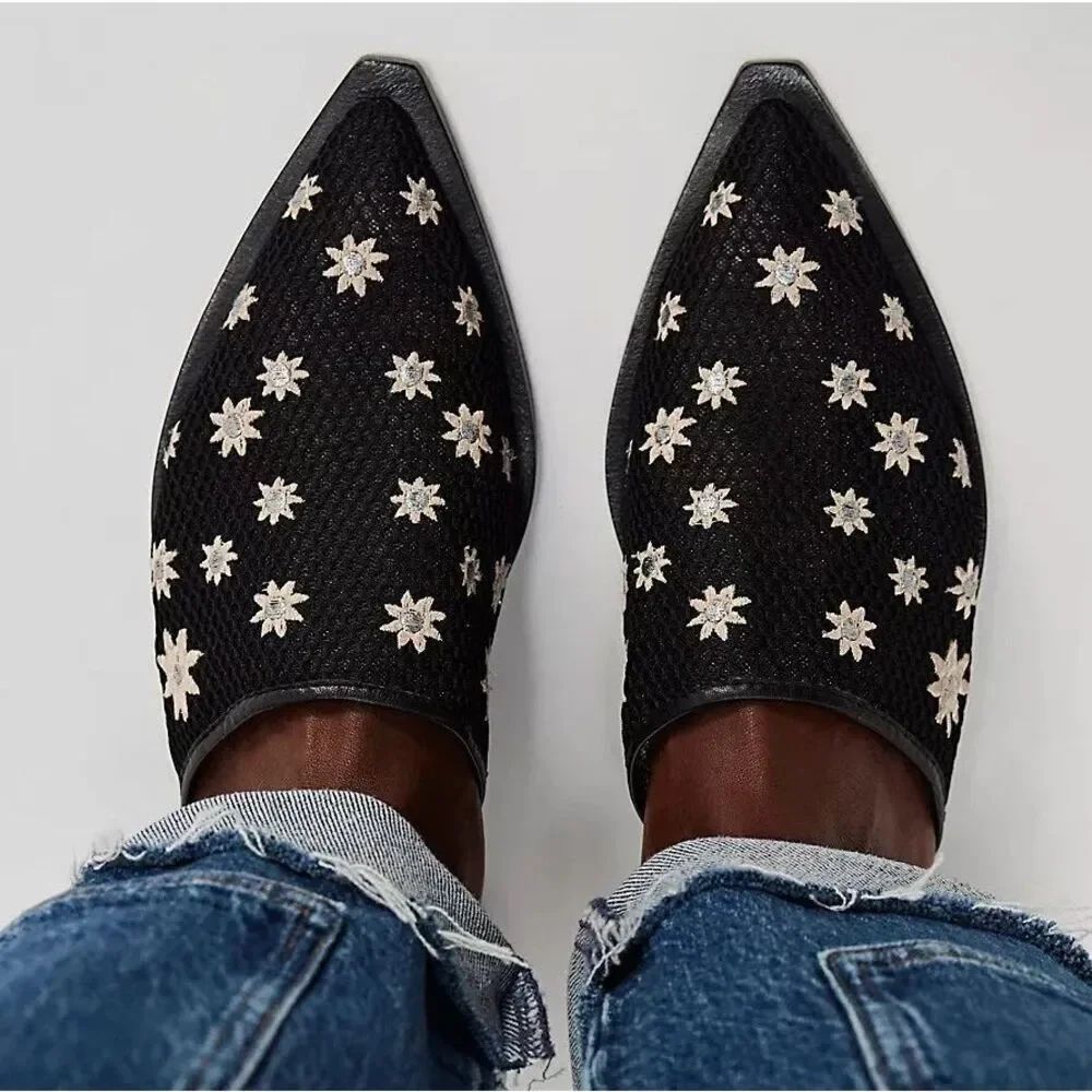 New Free People Becky Daisy Mules Shoes Size 9.5 Black Mesh